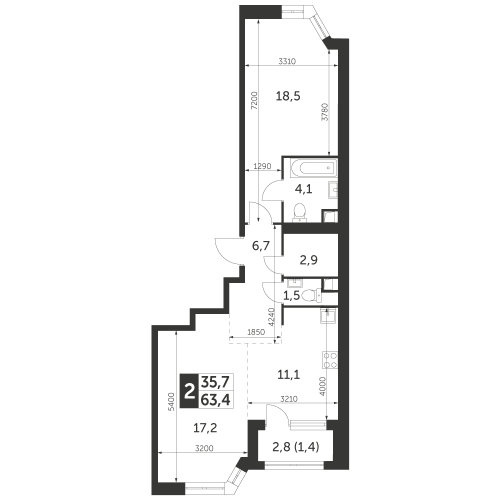 2-комнатная, квартира, 63.4 м²