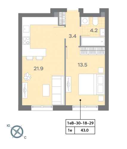 1-комнатная, квартира, 43.1 м²