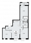 3-комнатная квартира 74,9 м²