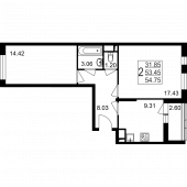2-комнатная квартира 54,75 м²