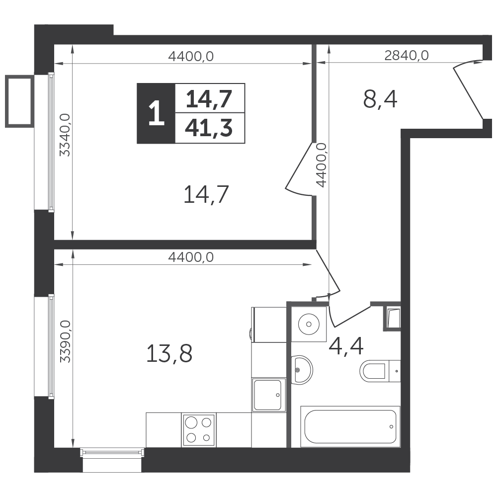 1-комнатная квартира №287, 41,0 м² за 9,44 млн руб. в ЖК «Датский квартал» - планировка