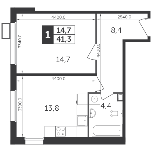 1-комнатная, квартира, 41 м²