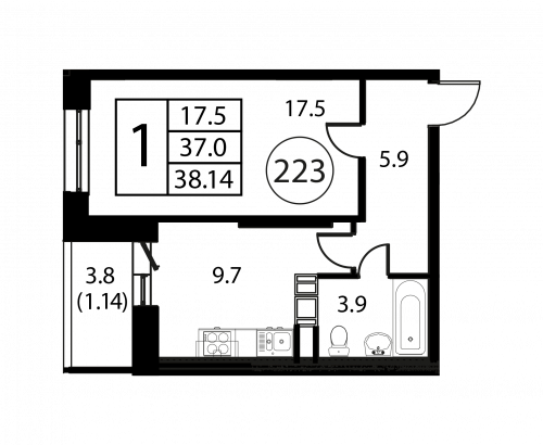 1-комнатная, квартира, 38.14 м²