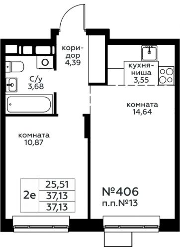 2-комнатная, 37.13 м²