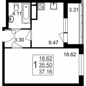 1-комнатная квартира 37,16 м²