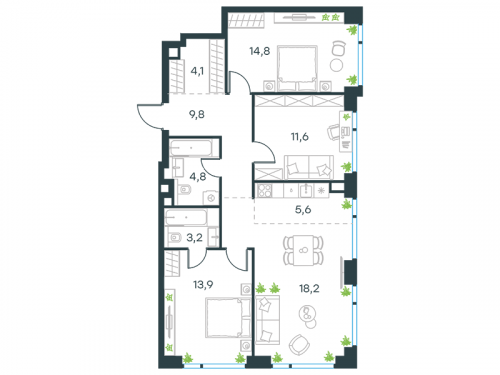 Многокомнатная, квартира, 86 м²