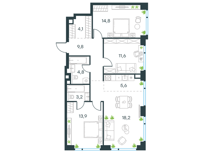 4-комнатные апартаменты №276, 86,0 м² за 38,87 млн руб. в ЖК «Level Мичуринский» - планировка