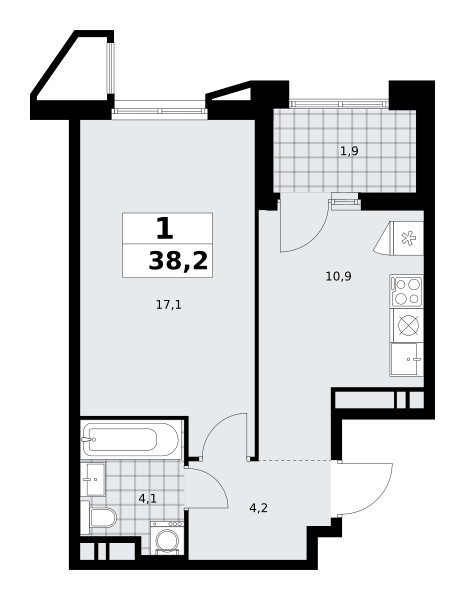 1-комнатная квартира №58К-7.1.3-529, 38,2 м² за 13,10 млн руб. в ЖК «Прокшино» - планировка