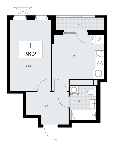 1-комнатная, 36.2 м²