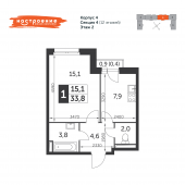 1-комнатная квартира 33,8 м²