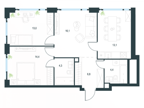 3-комнатная, 72.1 м²