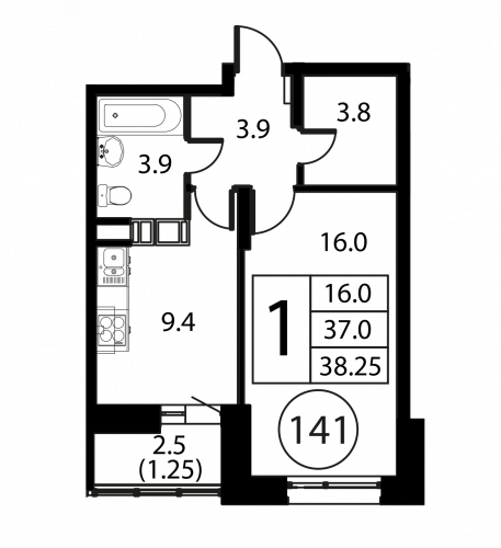 1-комнатная, квартира, 38.25 м²