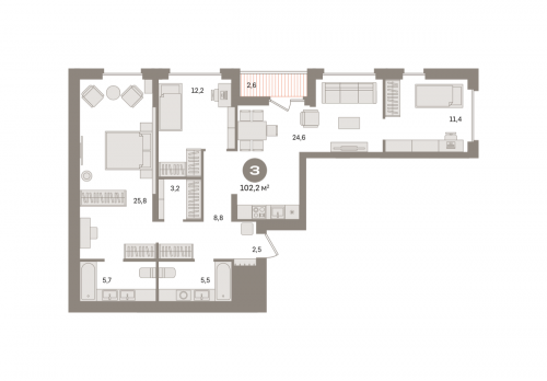 3-комнатная, квартира, 102.22 м²