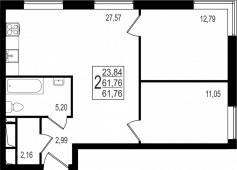 2-комнатная квартира 61,76 м²