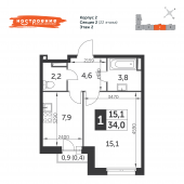 1-комнатная квартира 34 м²