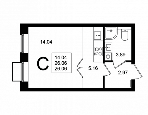 Студия, 26.06 м²