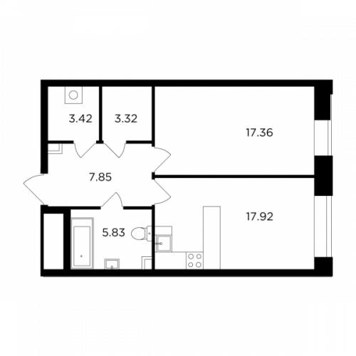 1-комнатная, 55.7 м²