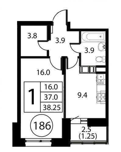 1-комнатная, квартира, 38.25 м²