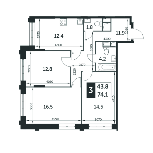 3-комнатная, квартира, 74.1 м²