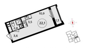 1-комнатная квартира 22,1 м²