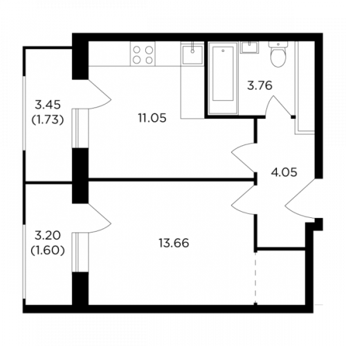 1-комнатная, 35.85 м²