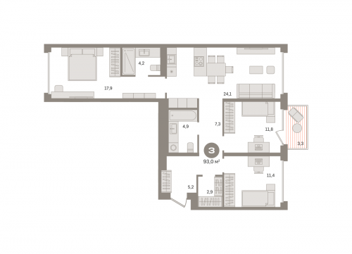 3-комнатная, квартира, 93 м²