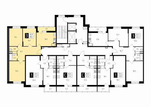 3-комнатная, квартира, 68.4 м²