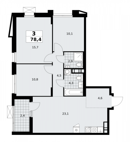 3-комнатная, 78.4 м²