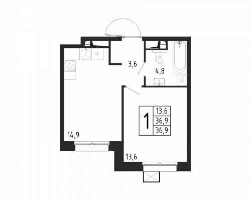 1-комнатная, квартира, 36.9 м²