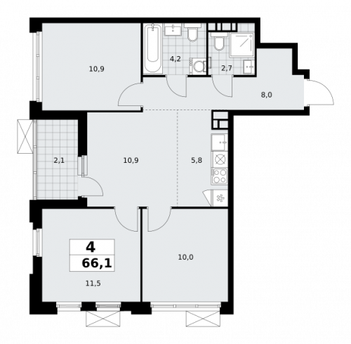 Многокомнатная, 66.1 м²