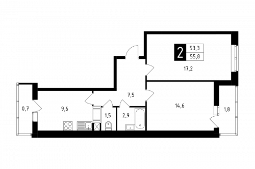 2-комнатная, квартира, 55.8 м²