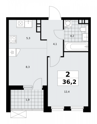 2-комнатная, 36.2 м²