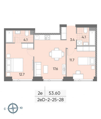 2-комнатная, квартира, 53.6 м²