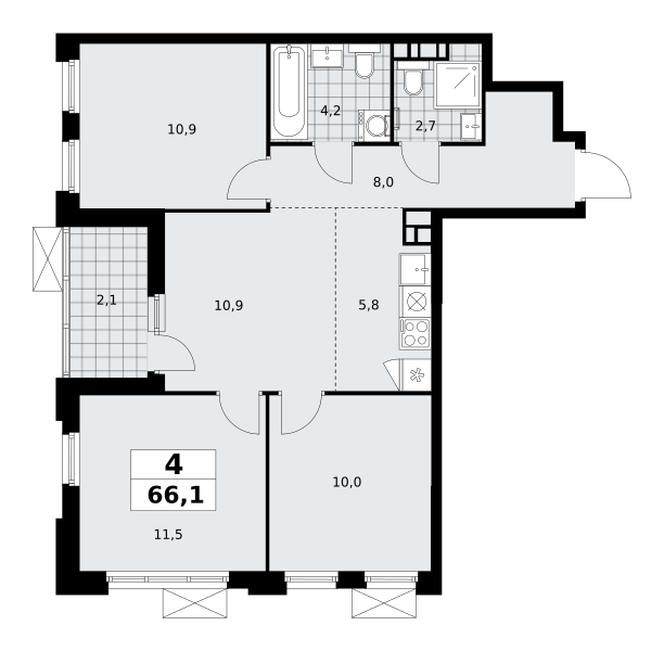 4-комнатная квартира №23К-18.2.3-381, 66,1 м² за 17,97 млн руб. в ЖК «Скандинавия» - планировка