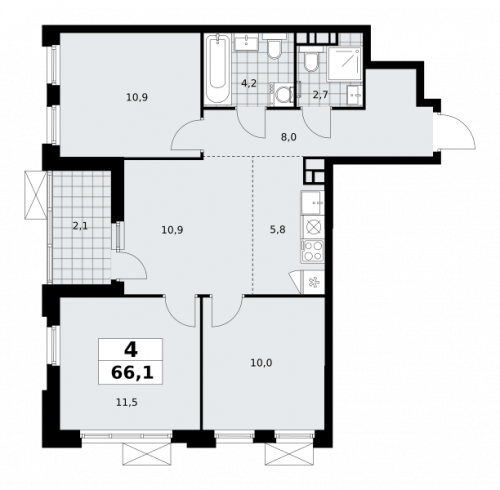 Многокомнатная, 66.1 м²