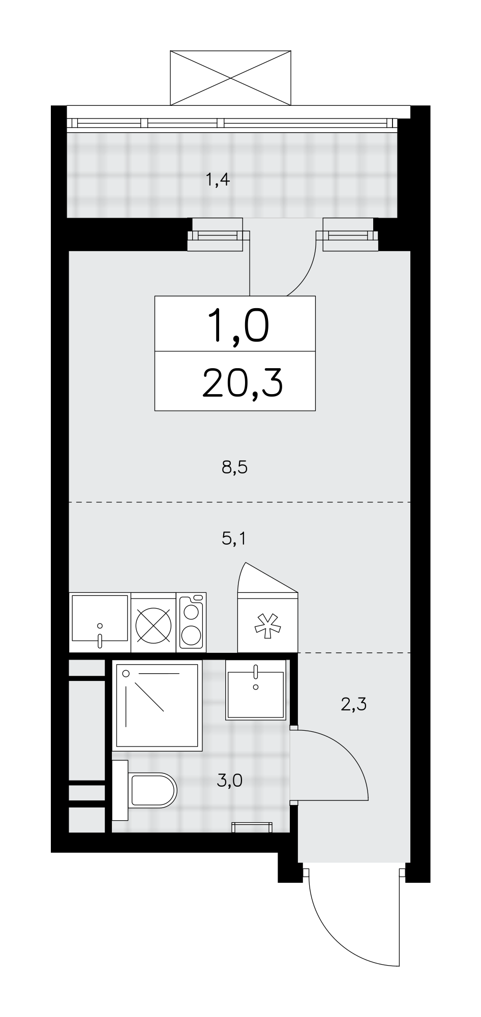 1-комнатная квартира №58К-10.1.2-576, 20,3 м² за 7,79 млн руб. в ЖК «Прокшино» - планировка