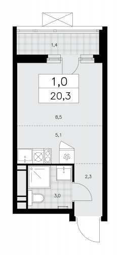 1-комнатная, 20.3 м²