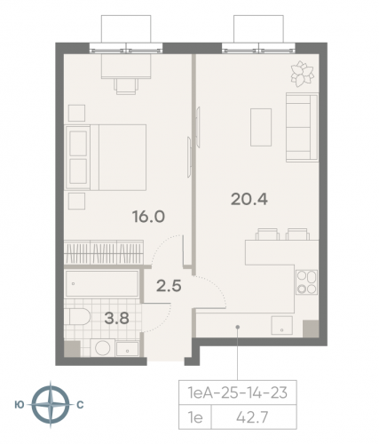 1-комнатная, квартира, 42.7 м²