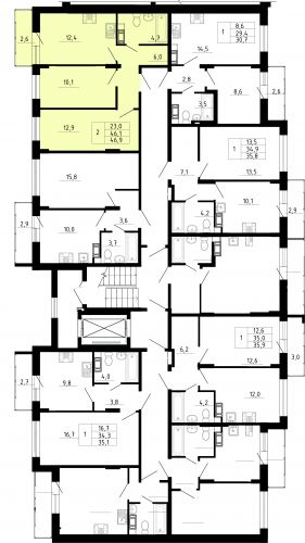 2-комнатная, квартира, 46.1 м²