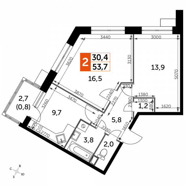 2 комнаты до 53.7