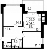 2-комнатная квартира 58,1 м²