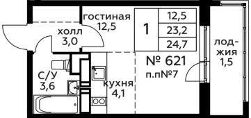 1-комнатная квартира 24,7 м²