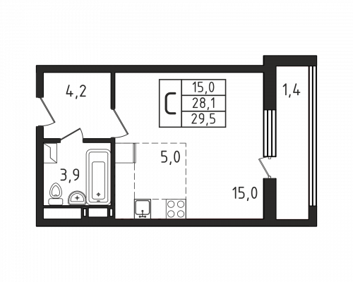 Студия, 29.5 м²