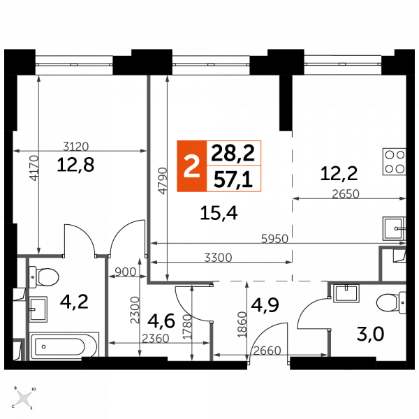 2 комнаты до 57.1
