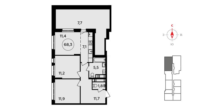3-комнатная квартира №58К-4.1-173, 68,1 м² за 26,74 млн руб. в ЖК «Прокшино» - планировка