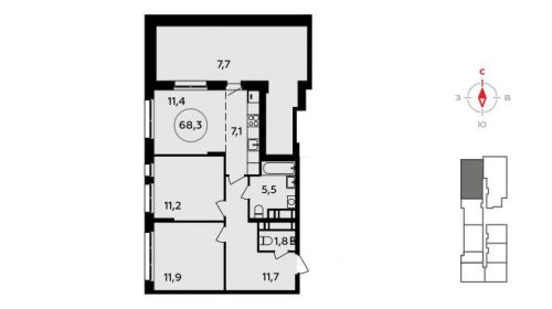 3-комнатная, 68.1 м²