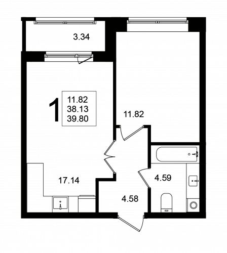 1-комнатная, квартира, 39.8 м²