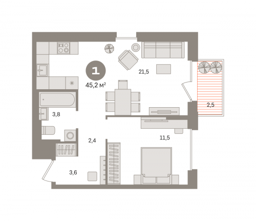 1-комнатная, квартира, 45.2 м²