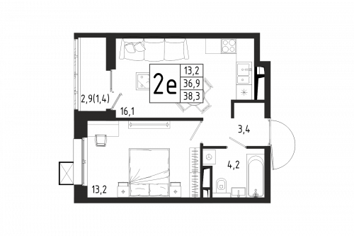 1-комнатная, квартира, 38.3 м²