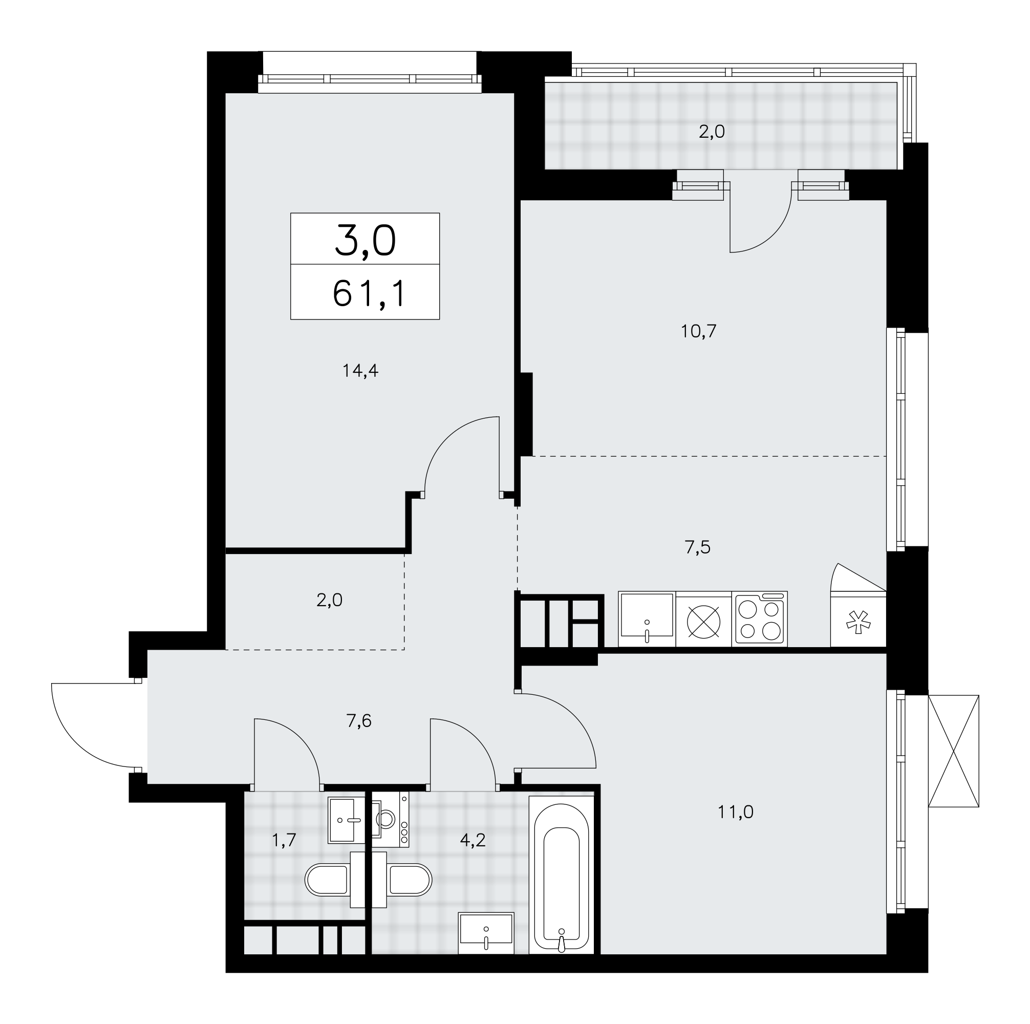 3-комнатная квартира №58К-10.1.6-1371, 61,1 м² за 18,20 млн руб. в ЖК «Прокшино» - планировка
